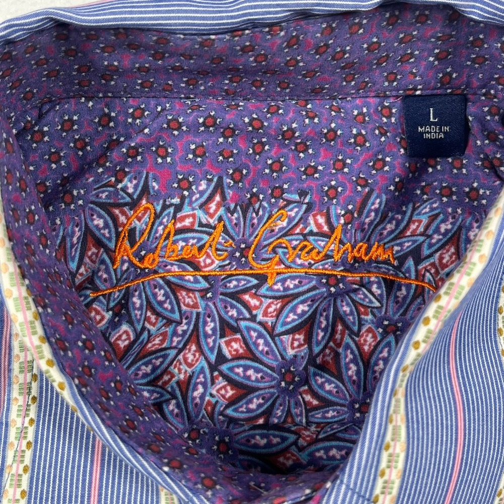 Robert Graham Button Front Shirt Mens Large Blue Striped Floral Embroidered L - Picture 2 of 12